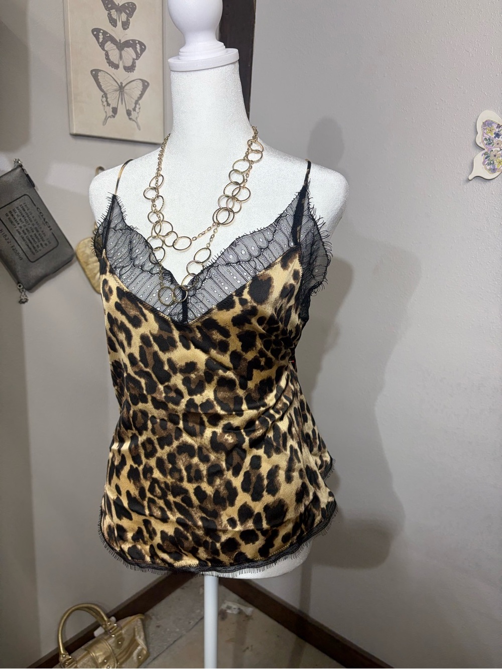 Storia Silky Leopard Satin Lace Trim Cami Top - Black & Tan